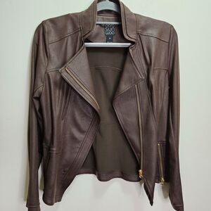 Clara Sun Woo Women's Liquid Leather Moto Jacket Full Zip Stretch Brown XS